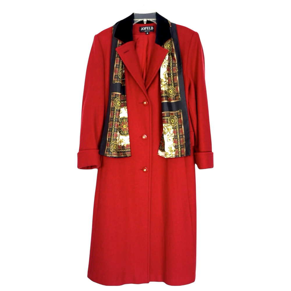 Vintage Jofeld Red Wool Blend Long Overcoat Velvet Collar 8 USA Classic